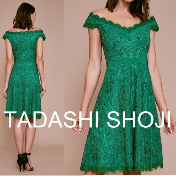 BNWT TADASHI SHOJI COLLIS OFF THE SHOULDER LACE DRESS FORMAL PARTY GREEN SZ 4 - Picture 1 of 1